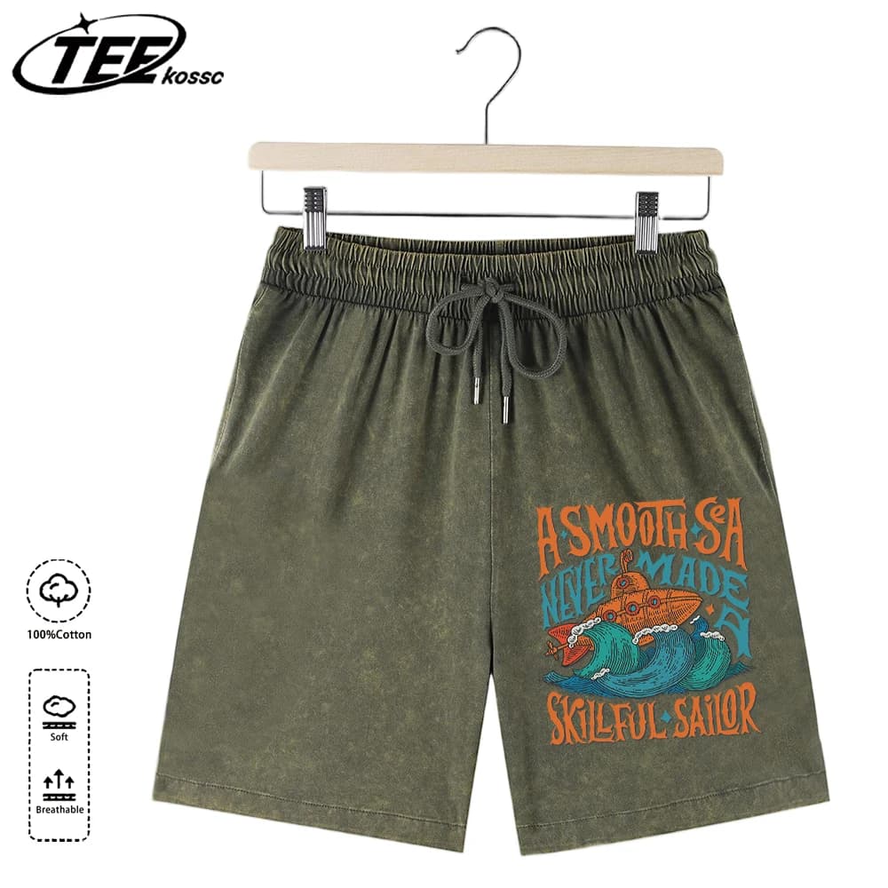 Pantaloncini Estivi da Uomo con Stampa 'A Smooth Sea Never Made A Skillful Sailor', Moda Lavata, Oversize, in Cotone, per Sport e Vacanze