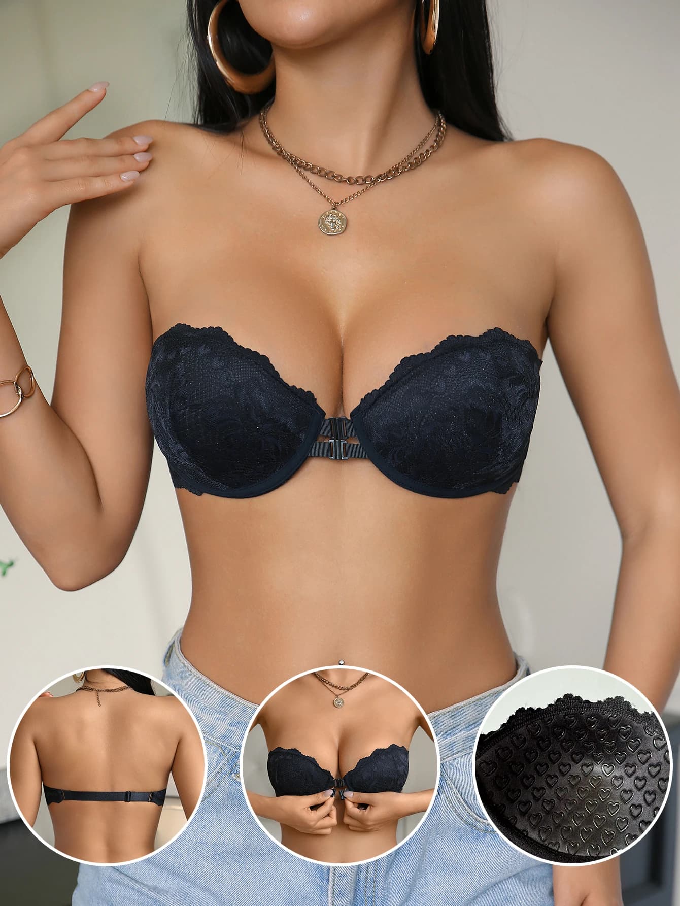 Sexy Lace Women's Strapless Bra Double Front Buckle Push-Up Sexy Bra Lace Surface Underwire Bra Fashion Lingerie
