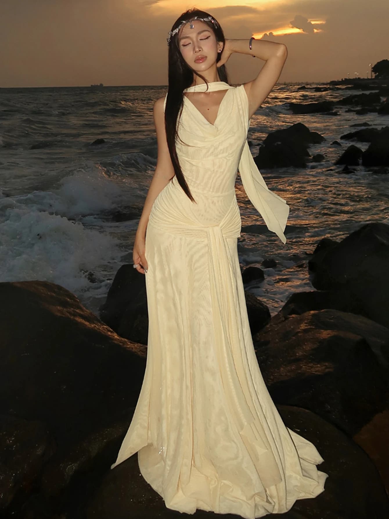 Dulzura Summer Fashion Swinging Collar Backless Ruched Slim Ribbon Mesh Long Dress Women'S Sexy Elegant Dress Party Club Clothes