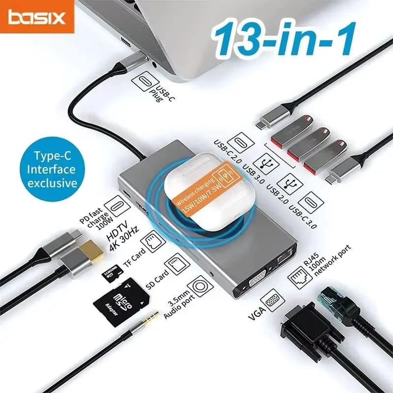 USB C HUB Type C to HDMI-compatible Adapte with 20W Wireless Charging 1000M RJ45 For MacBook Air Pro iPad Pro IP 16/17/15