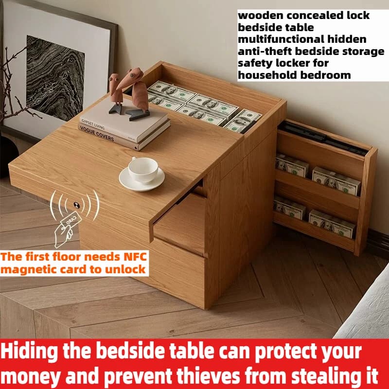 Comodino in Legno Massello con Cassaforte Nascosta, Sblocco con Carta NFC, Vano Segreto, Armadietto di Sicurezza per Camera da Letto