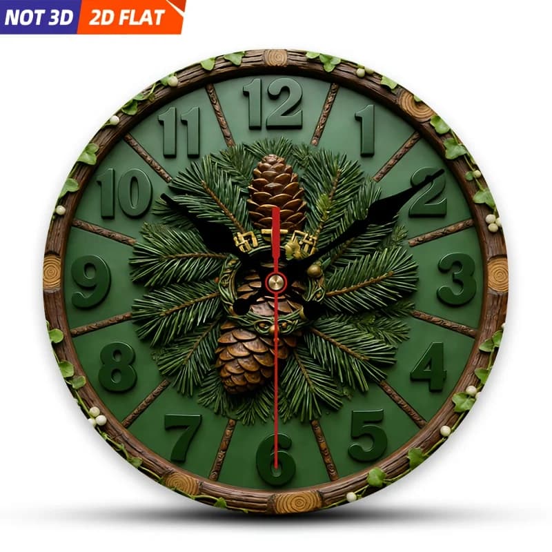 1 orologio da parete piatto bidimensionale con design a ramo di pino e cono di pino. Questo Orologio Decorativo Silenzioso Presenta un Design Accattivante