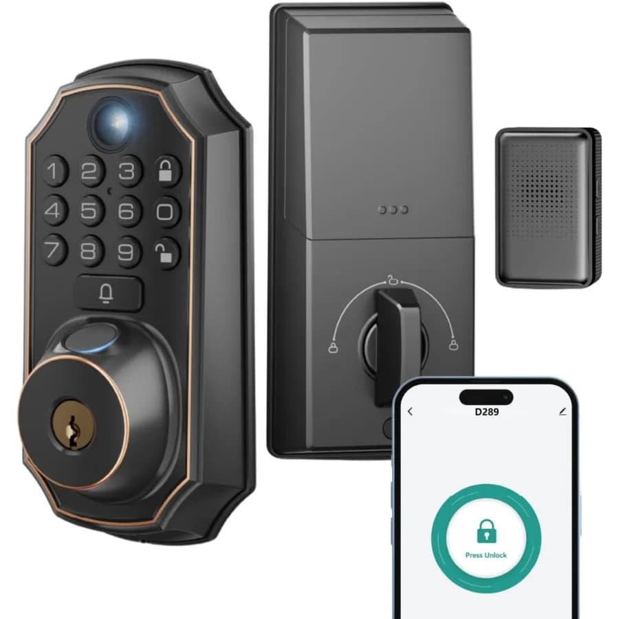 Serratura per Porta Senza Chiave con Telecamera, Impronta Digitale e Tastierino, Serratura Intelligente per Porta d'Ingresso con Controllo App e Comando Vocale
