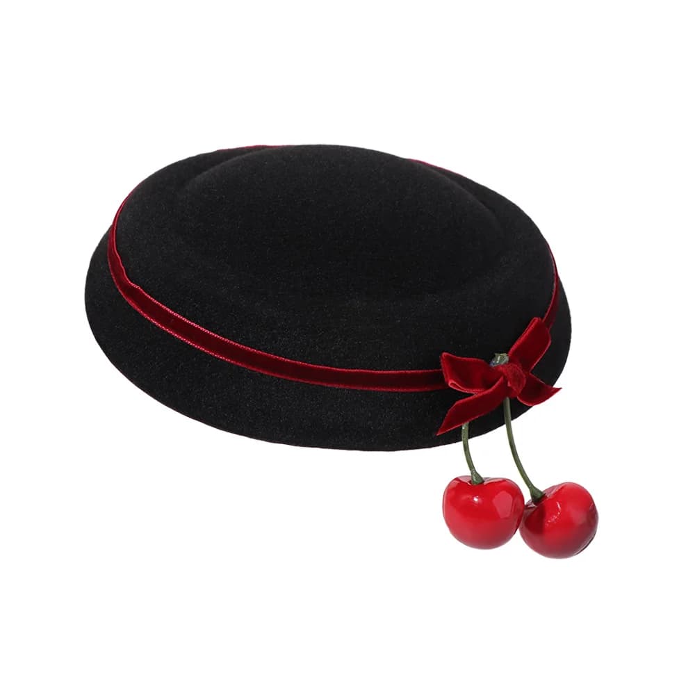 Hair Clip with Velvet and Cherry Flap, French Style Hair Accessories, Round Hat Clips, Women's Copricapo, Dance Clips and Shows