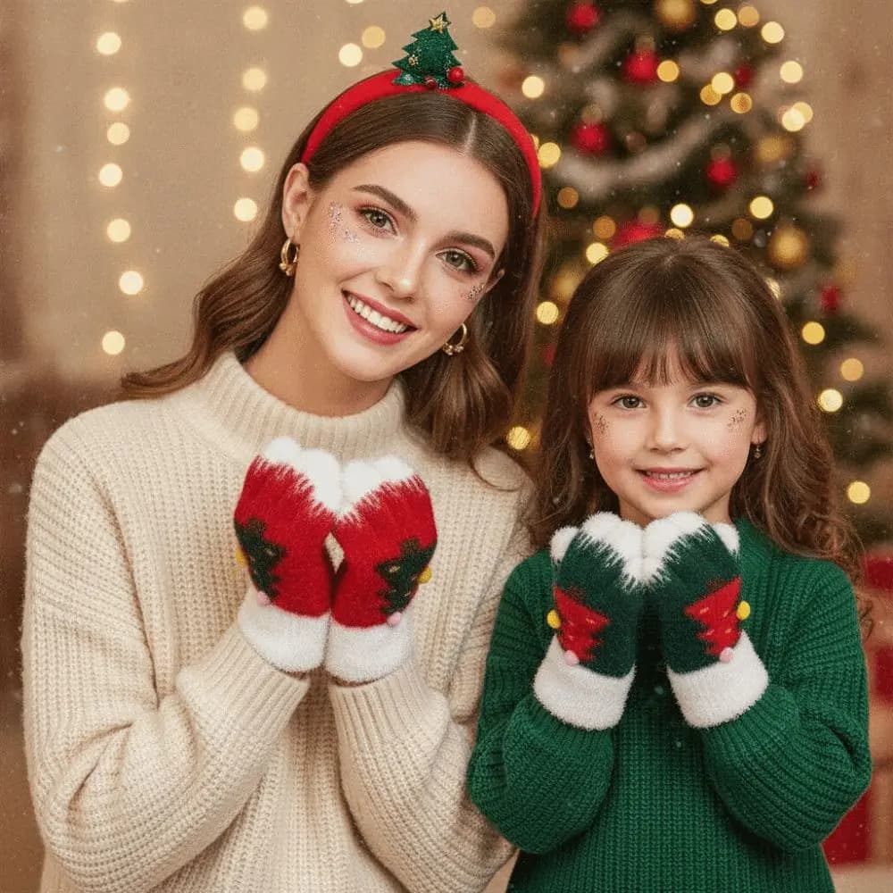 Red Green Christmas Gloves Knitted Woolen Elastic Wrist Winter Knit Mittens Thick Lining Soft Texture Touchscreen Full Finger