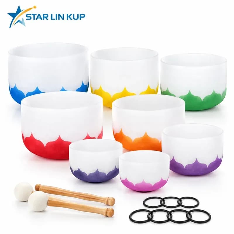 STAR LIN KUP 7pcs Quartz Crystal Singing Bowls Set 8-14 Inch Lotus Flower Design CDEFGAB Chakra Tuned Frosted Healing