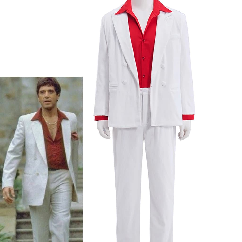 Scarface Tony Montana Cosplay Costume White Jacket Pant Red Shirt Suit Men Halloween Party Disguise Uniform Cos Clothing