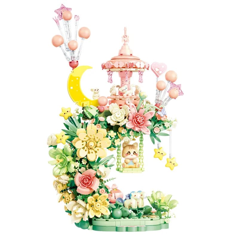 Creative Streetscape Architecture Flower Moon Pavilion Block City Street View Cat Figures Building Brick Toy With Light For Girl