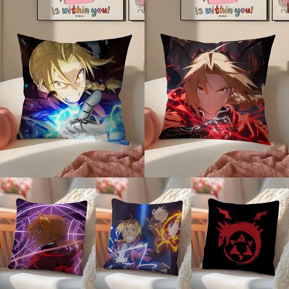 Short plush cushion cover with invisible zipper, classic fantasy anime style F-Fullmetal Alchemist, for sofa and bedroom