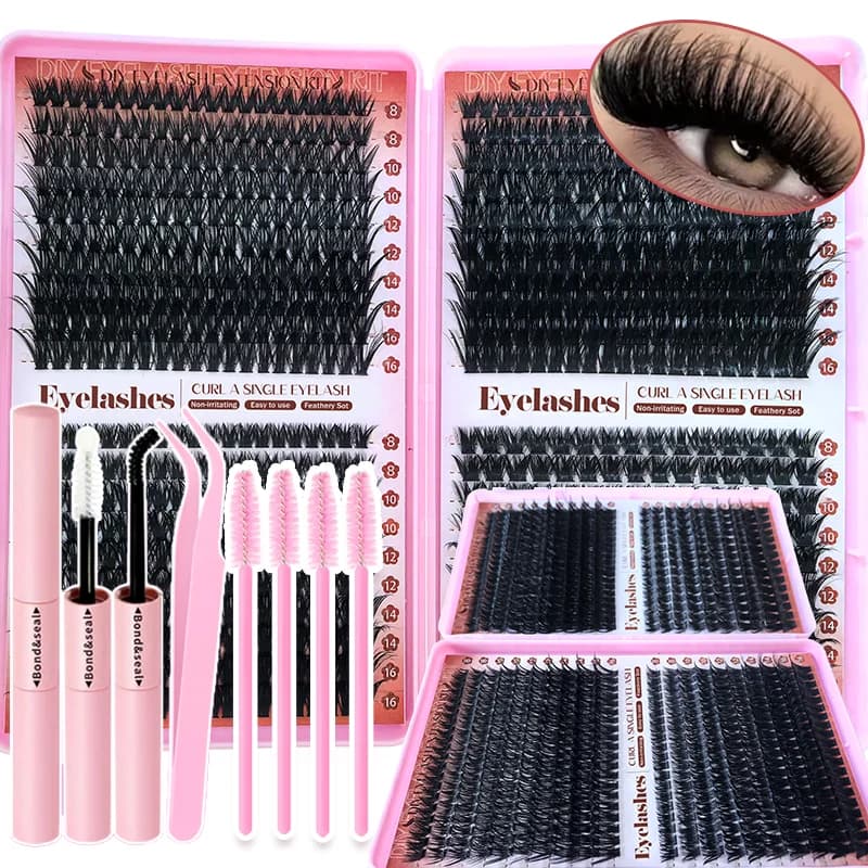 Kit di 700 Pezzi per Extension Ciglia Fai-da-Te, Curvatura D, Lunghezza Mista 8-16mm, Ciglia Finte di Qualità Professionale per Uso Domestico e Principianti