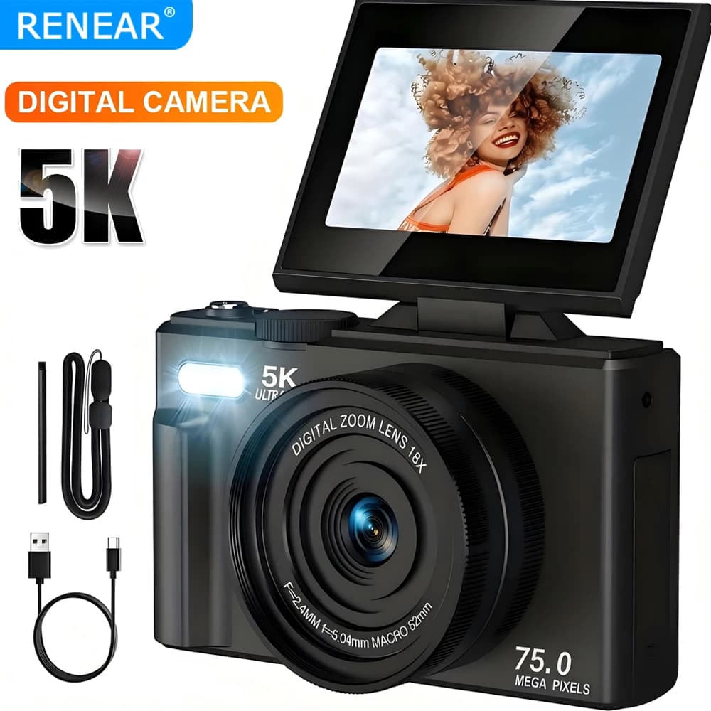 Videocamera digitale 5K con Wi-Fi, webcam UHD 75MP, videocamera per VLOG, studentesse, ragazze, schermo ribaltabile da 3.0 pollici, doppia fotocamera, selfie, fotocamera portatile