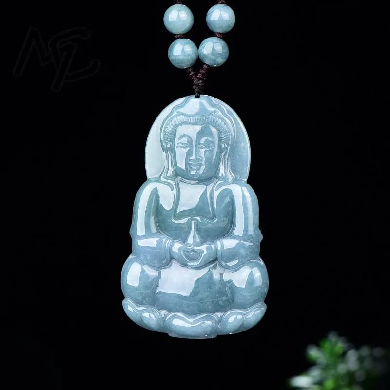 Ciondolo Grande Guanyin in Smeraldo Naturale Blu Acqua, Collana in Giadeite del Myanmar, Gioiello di Lusso Vintage da Donna, Amuleto Designer