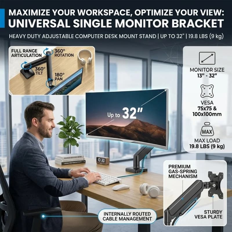 Supporto universale per monitor singolo fino a 32 pollici, supporto da scrivania regolabile e resistente per configurazione ergonomica