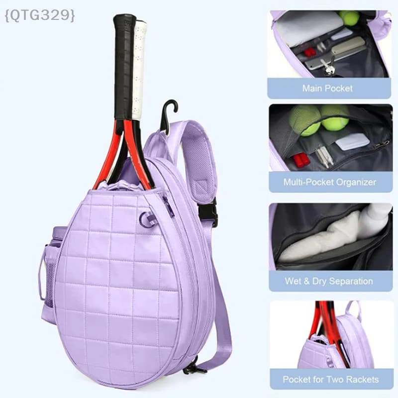 Quilted design tennis backpack: contains 2 rackets, waterproof shoulder bag for women, men and young