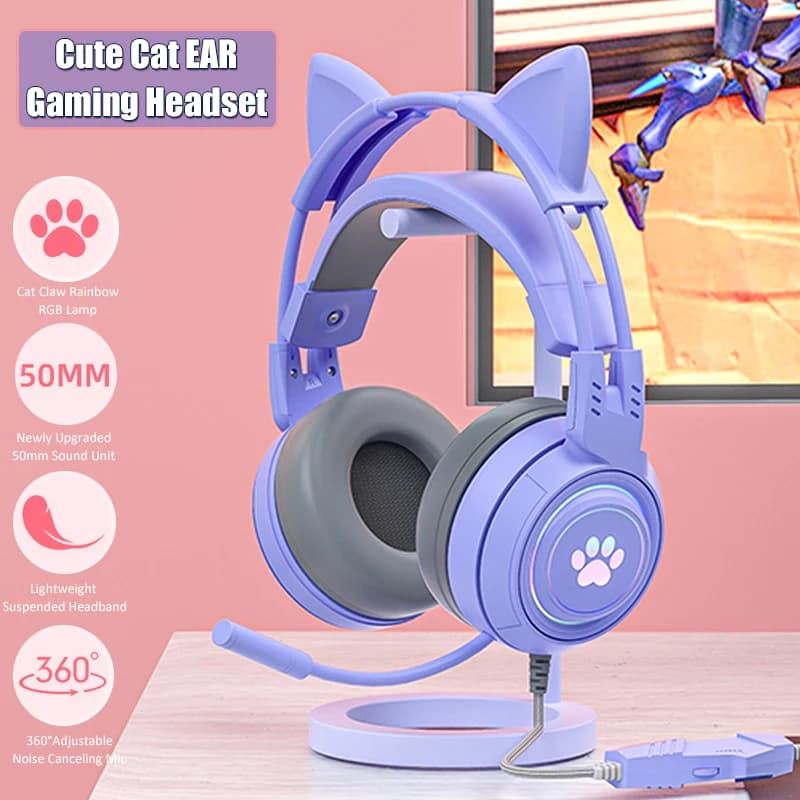 Cute Cat Ear Gaming Headphones with Microphone Headphones for Girls Pink RGB Low Noise Player Accessories for PS4 Xbox Phone PC Kid Gift