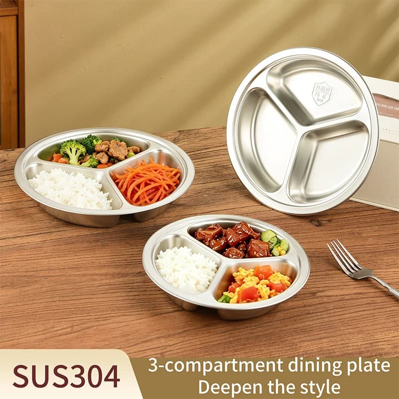 Deepen the 304 stainless steel circular three grid dining plate children's complementary food partition plate weight reduction