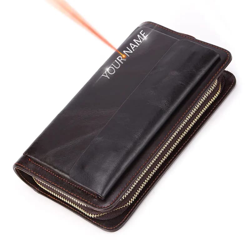 New Large Capacity Men Wallets Genuine Leather Handbags Name Customized Retro Male Purse Phone Bag Zipper Mens Clutch Money Clip