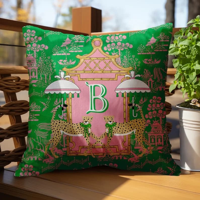 Pillow Cover, Monogram Initial Pillow Cover, Modern Preppy Pillow Cover, Cheetah, Leopard, Chinoiserie, Umbrella, Bamboo, Pink