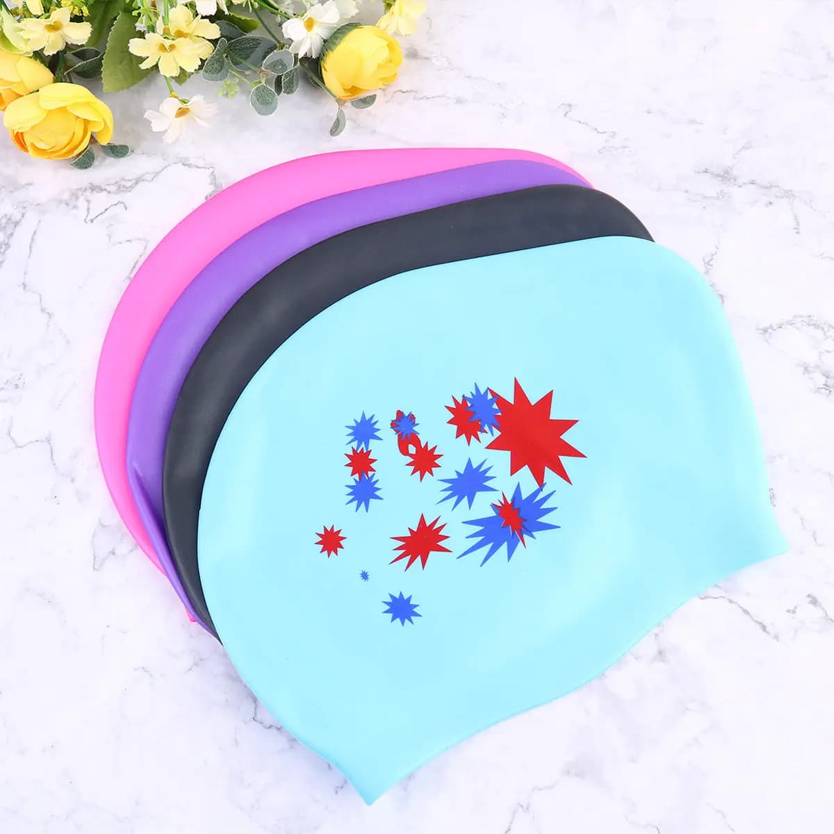 Cuffia da Nuoto in Silicone con Motivo a Stella, Impermeabile, Viola, Elastica, Protezione per le Orecchie, per Capelli Lunghi, da Donna