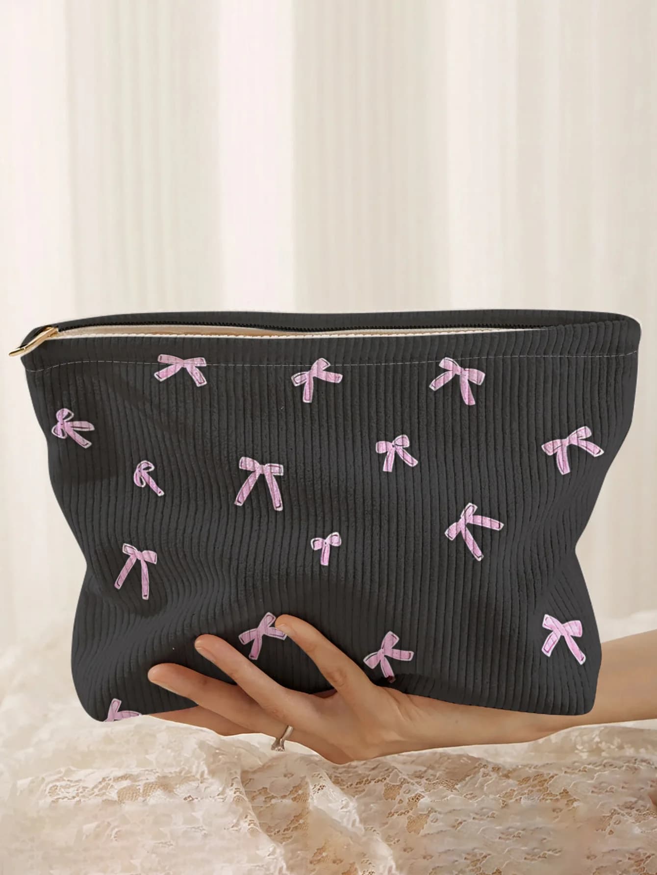 Ditsy pink bow black base printed corduroy makeup bag, lightweight zipper pouch, multifunctional lined cosmetic bag
