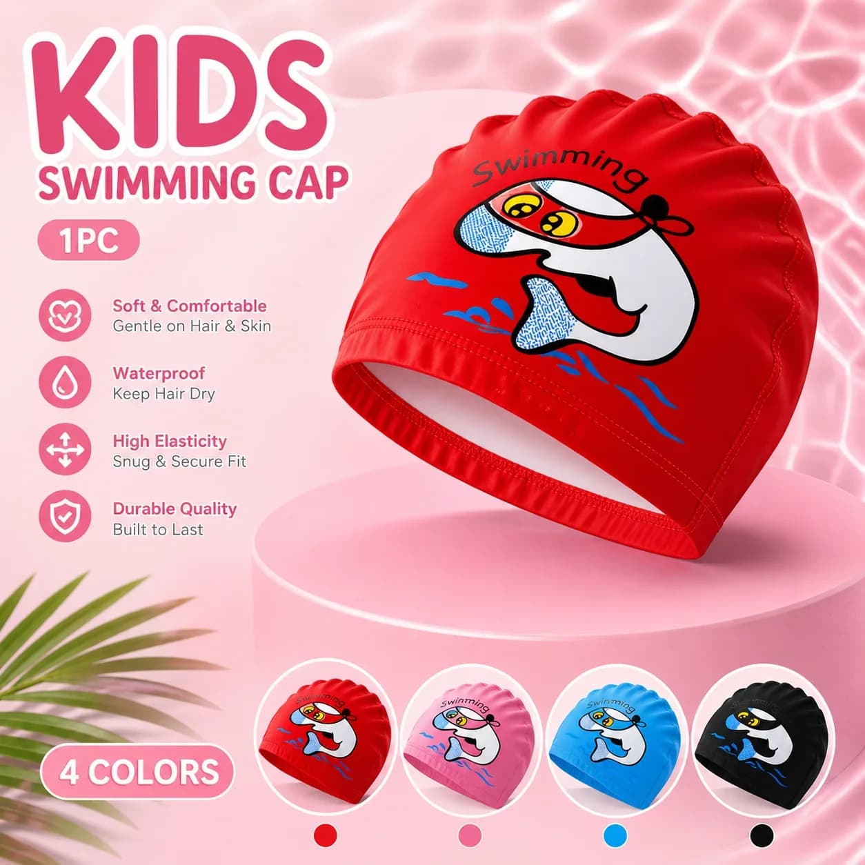 Nuovo simpatico cappello da nuoto per bambini con disegno di delfino, materiale PU ad alta elasticità, protegge le orecchie, accessorio per il nuoto
