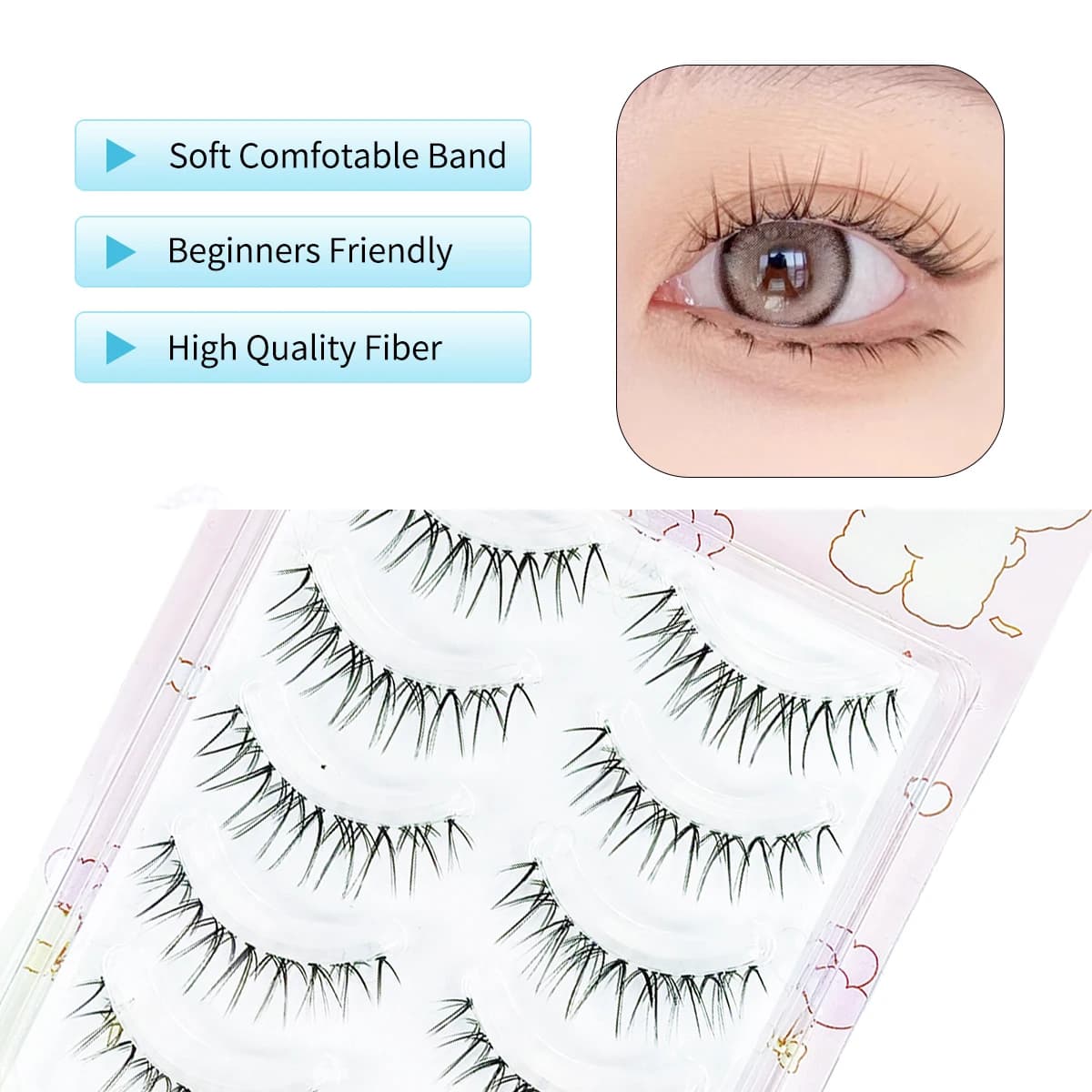 5 pairs of fake W70 eyelashes soft bunches and thin eyelashes Natural thick jaws with transparent anime makeup band in Korean style