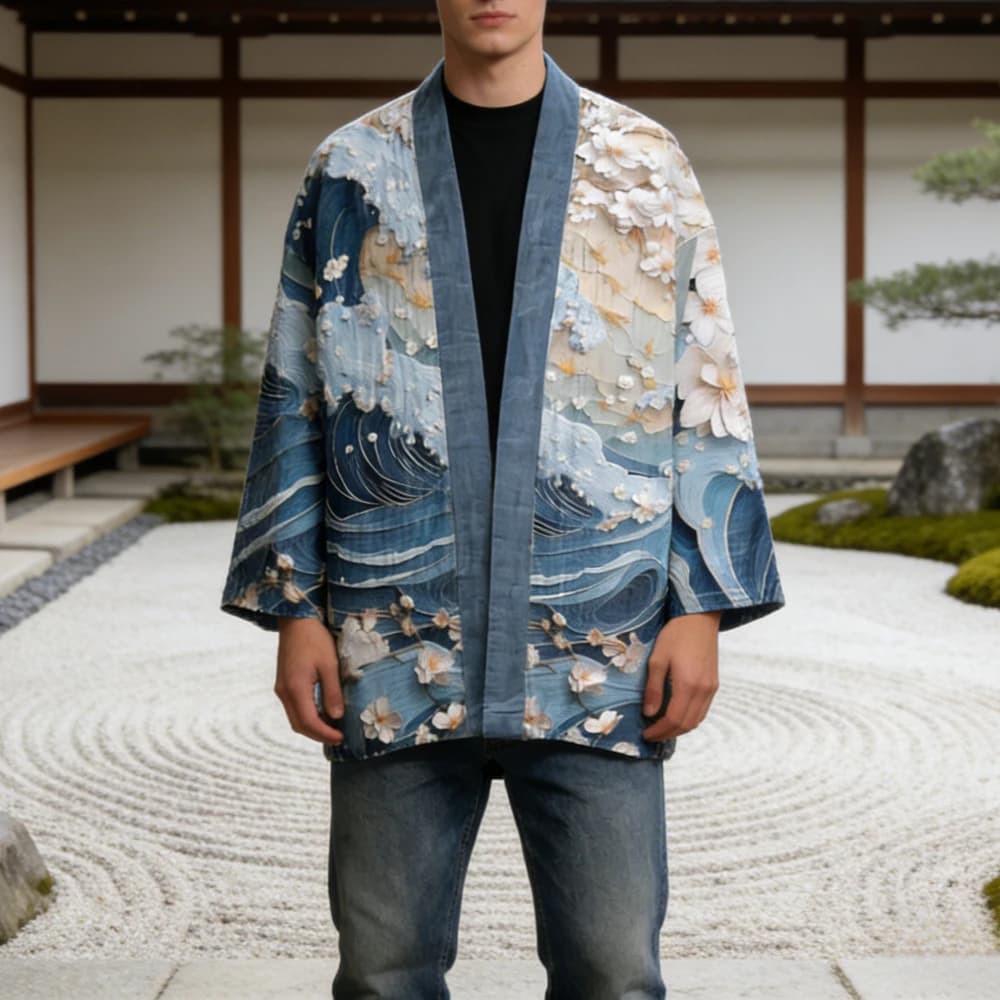 Kimono in printed cotton, cardigan, gown, coat for men and women, long sleeve, open on the front, homewear, streetwear, breathable, Japanese clothing