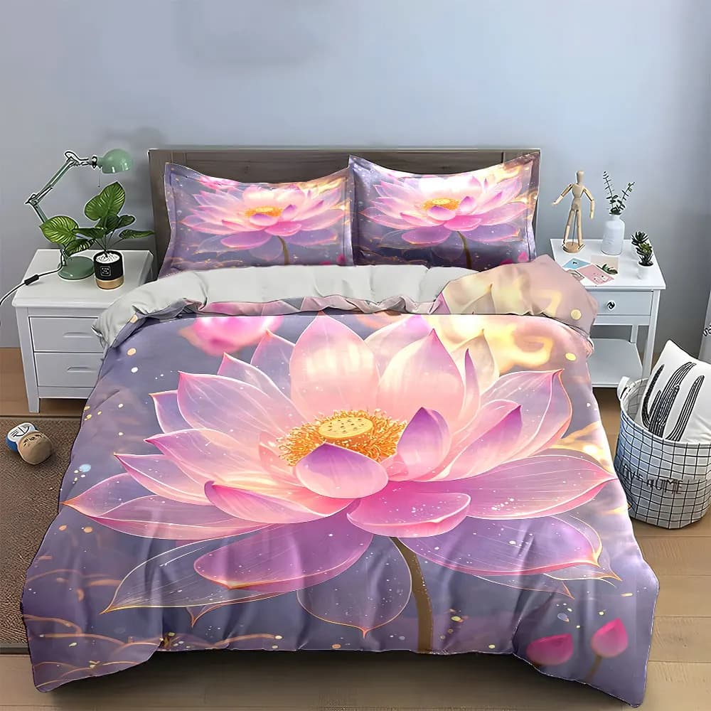 Set di biancheria da letto con decorazioni artistiche a forma di fiore di loto, con 1 copripiumino e 2 federe, singolo, matrimoniale, king size, queen size, regalo
