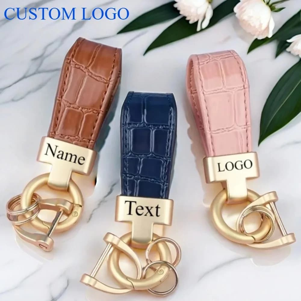 Leather Keyring with Custom Logo Name Keyring with Metal Laser Engraving for Men's Motorcycle Car Woman Custom Vintage Keyring Gift