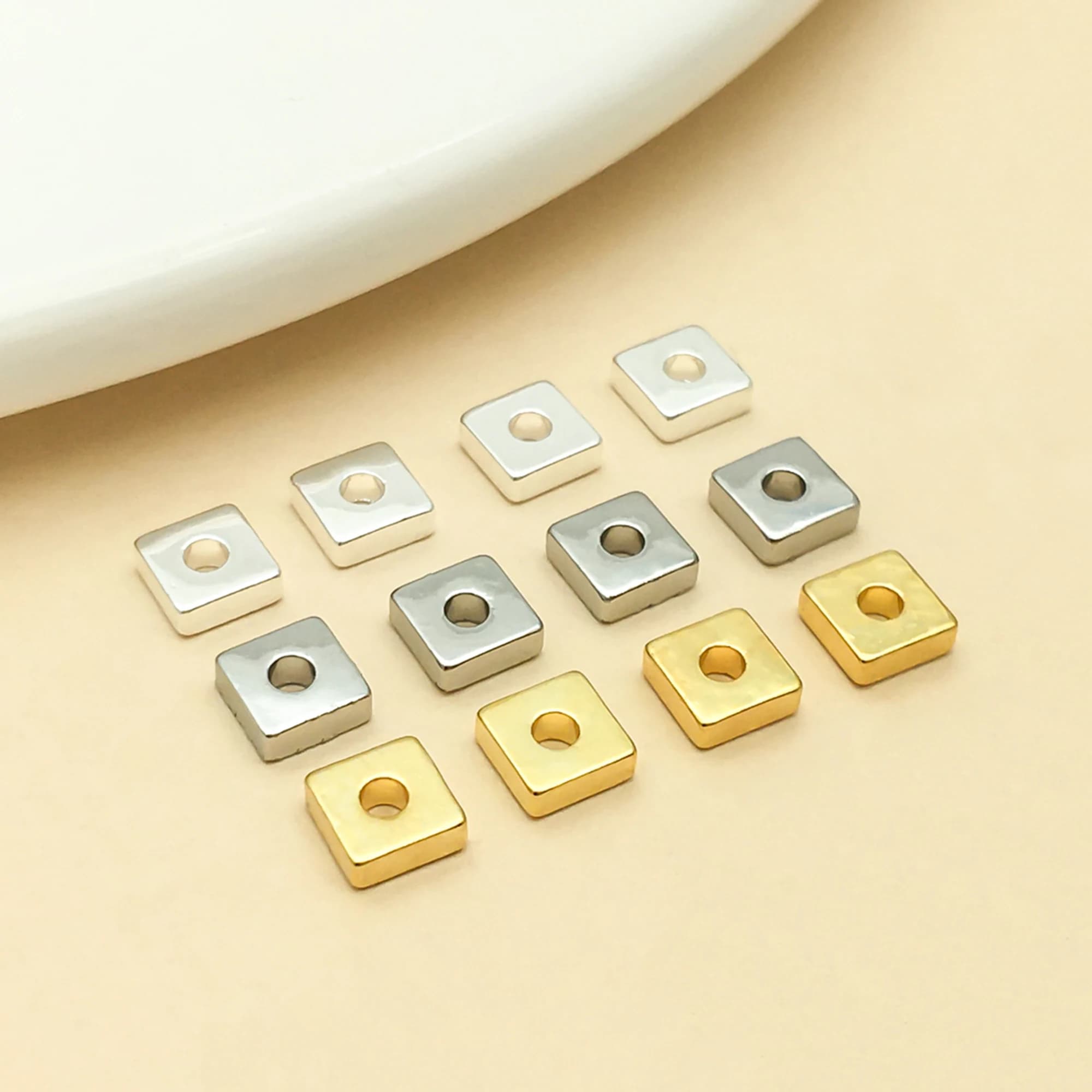 10 pcs. 18k gold plated copper square beads, thick, silver color, for creation diy jewellery, earrings, pendants, bracelets, necklaces