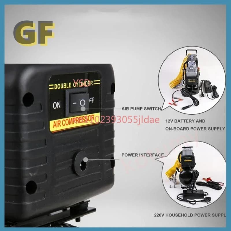 Pompa ad aria portatile a doppio cilindro (gonfiatore per pneumatici auto 12V/220V, compressore d'aria silenzioso senza olio, avvio/arresto automatico)