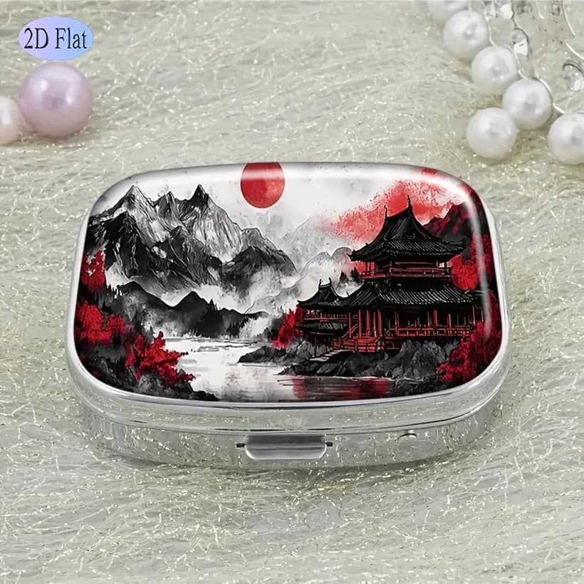 Landscape-Themed Pill Box, Flat Portable Metal Pill Box, Compact Pill Box, Suitable for Travel, Daily Medication Storage, Cute Pill Box for Vitamins and Health Supplements, Flat Style