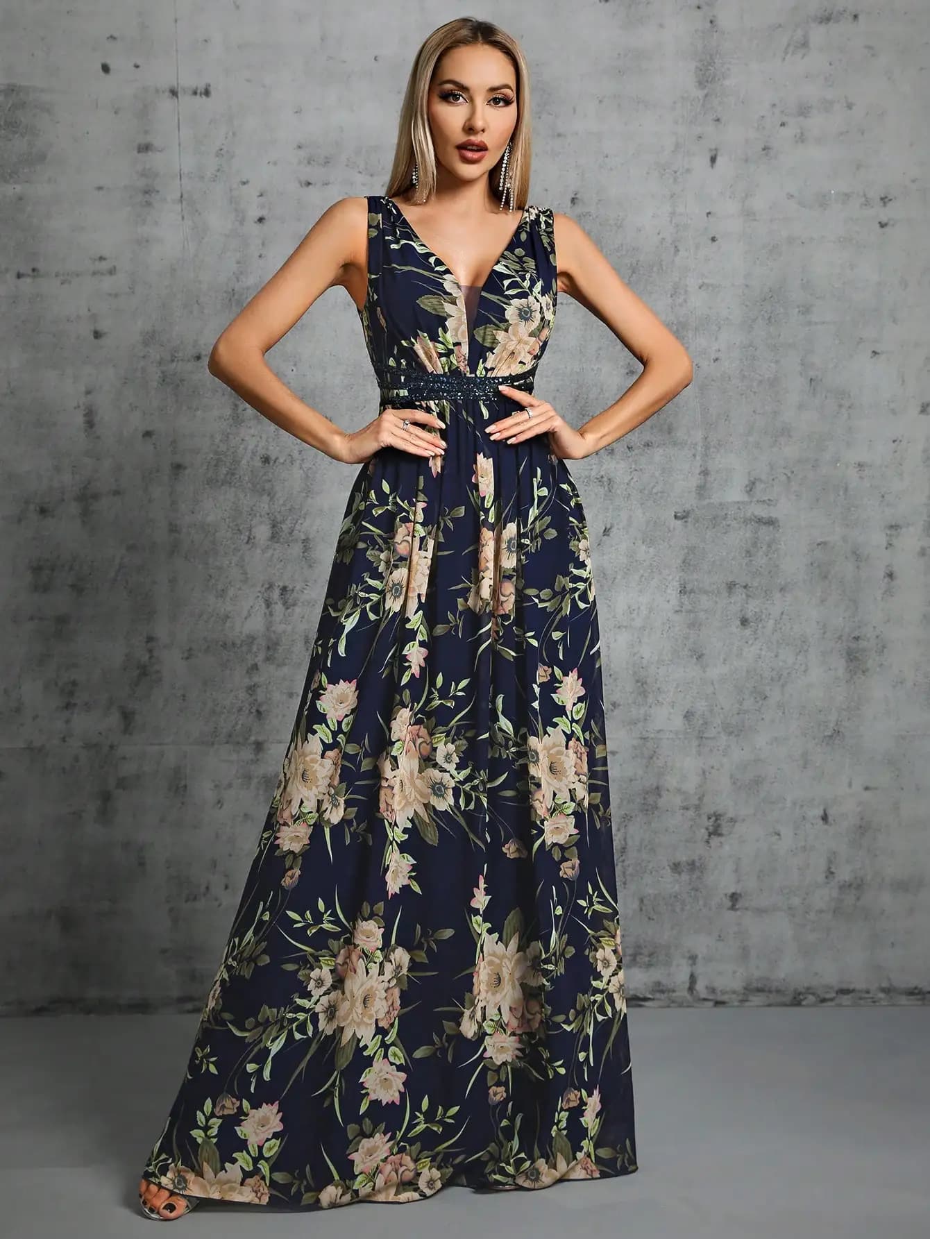 Mgiacy V-neck belt with sequins print chiffon swing complete evening dress dance dress party dress bridesmaid dress