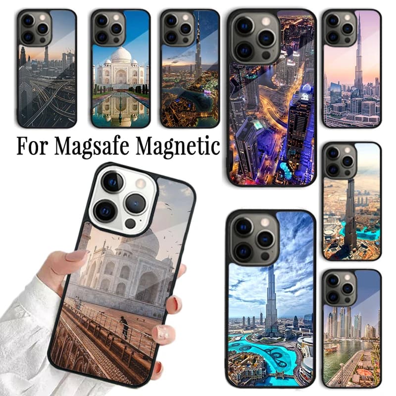 Cover per iPhone con Piramidi, Taj Mahal e Dubai, Compatibile con iPhone 17 AIR 16 15 14 13 12 11 Pro Max Plus, Custodia Magnetica Wireless Magsafe