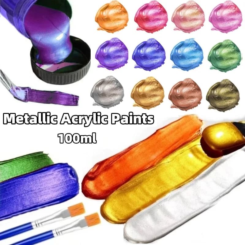 100ml Metallic Acrylic Paint 20 Colors Iridescent Acrylic Paints with 2 Brushes Non-Toxic Non-Fading Art Craft Painting Supplies