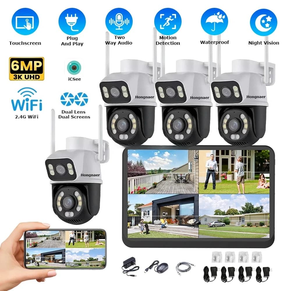 Hongnaer 6MP 4CH Dual Lens Home IP Surveil Security Camera System ICSee Touchscreen LCD NVR Wireless WiFi CCTV Camera System