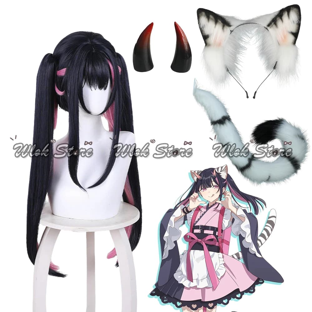 Princess Kaguya Tsukuyomi Cosplay Wig We Komazawa with horns, ears and tail, synthetic wig anime Twintails for women, Halloween party