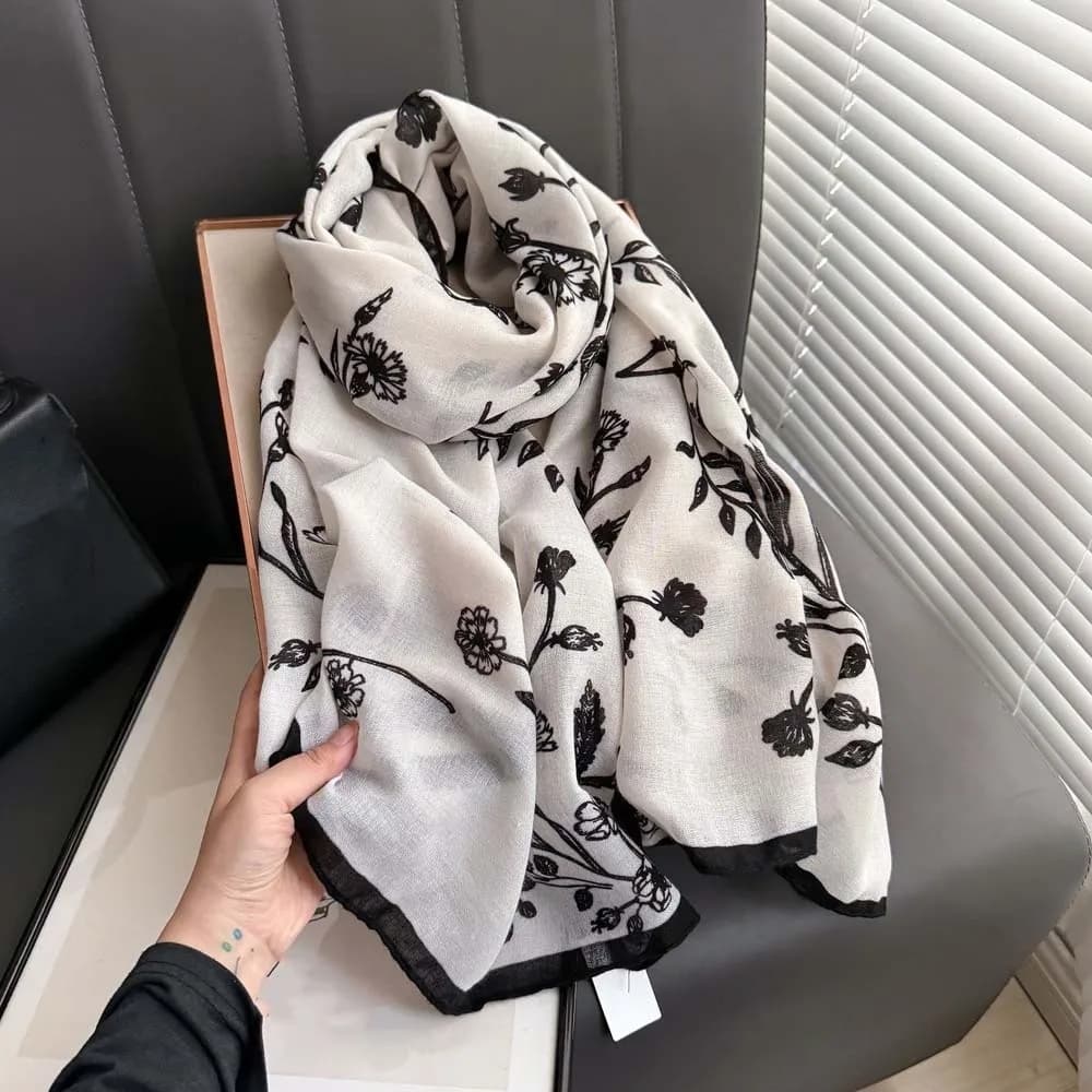 Breathable Women Floral Scarf Bird Patterned Long Thin Large Shawl Lightweight Sweat-absorption Sunscreen Headscarf