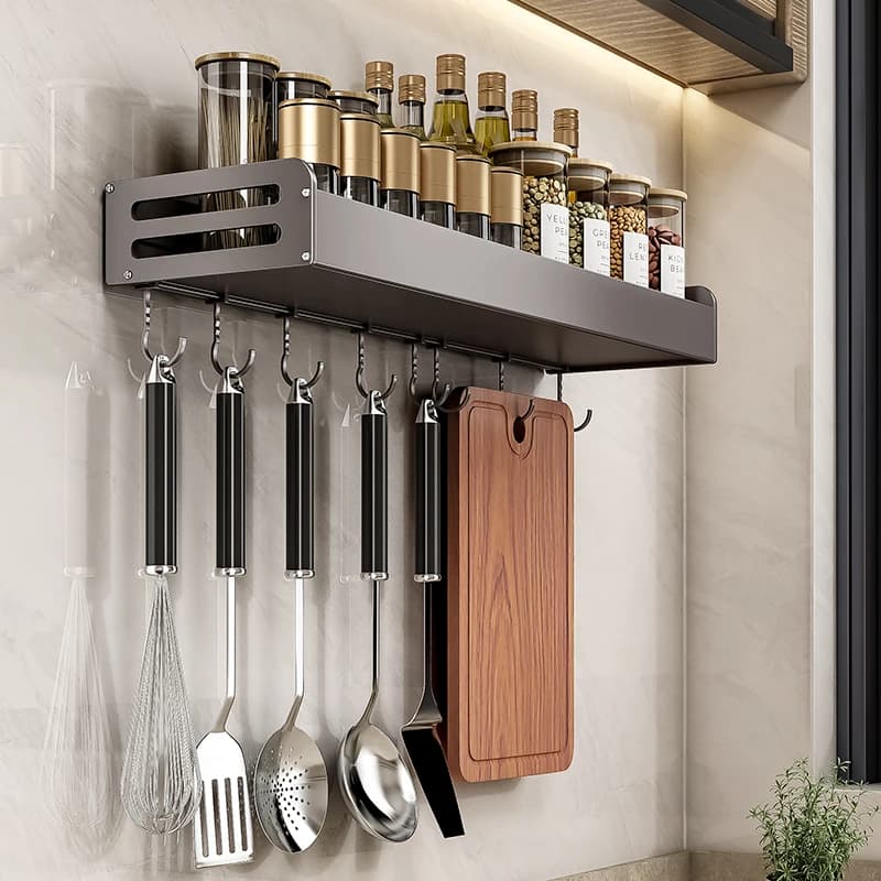 No-Drill Kitchen Wall Mounted Hook Rack Iron Spatula Storage Organizer Chinese Style Iron Wall Storage Shelf for Utensils
