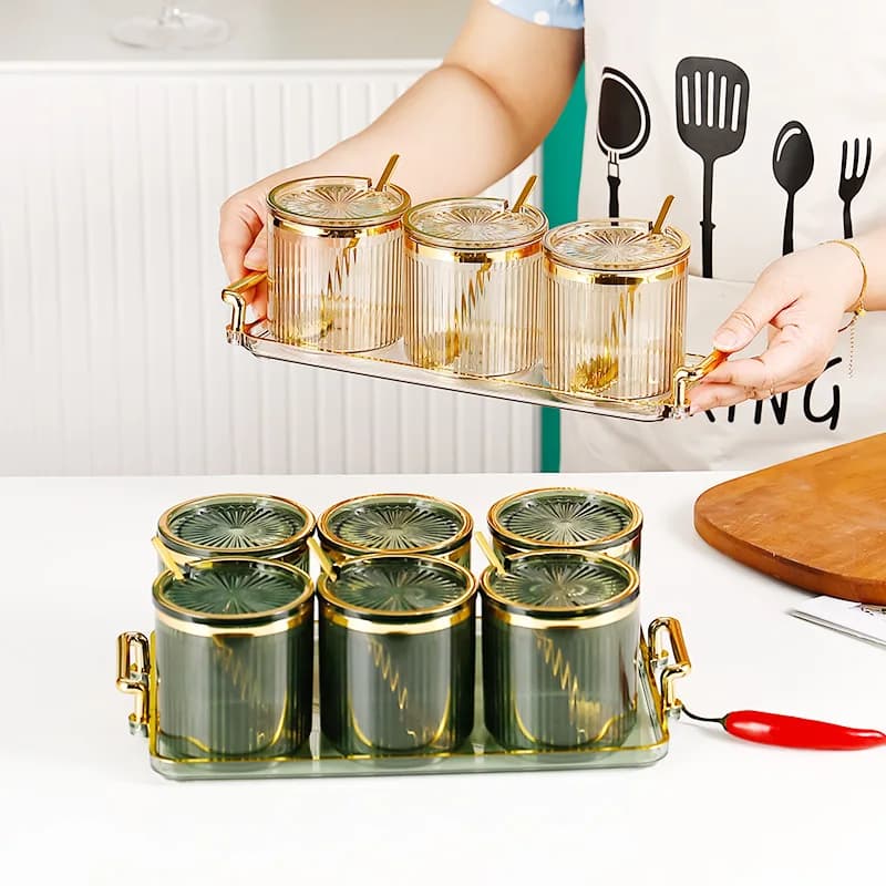Set di barattoli di spezie Contenitore per condimenti in ceramica di marmo Scaffale per condimenti Ciotola per sale e zucchero per scatola di immagazzinaggio per shaker da cucina