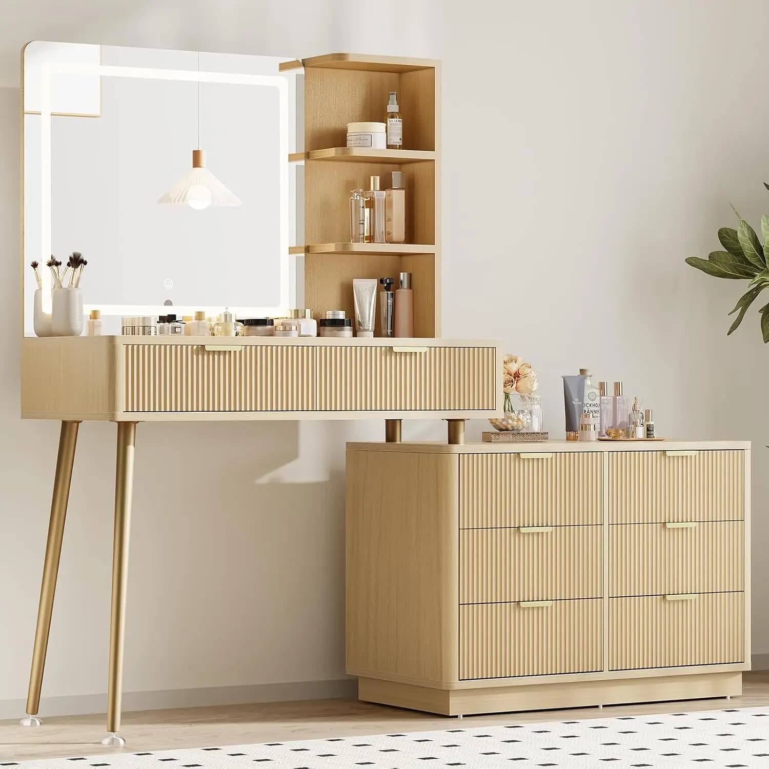 Specchio da Toeletta Scanalato con Luci LED, Tavolo da Trucco in Legno con Piano in Vetro da 65 Pollici, 8 Cassetti e Ripiano Portaoggetti, Personalizzabile per Camera da Letto