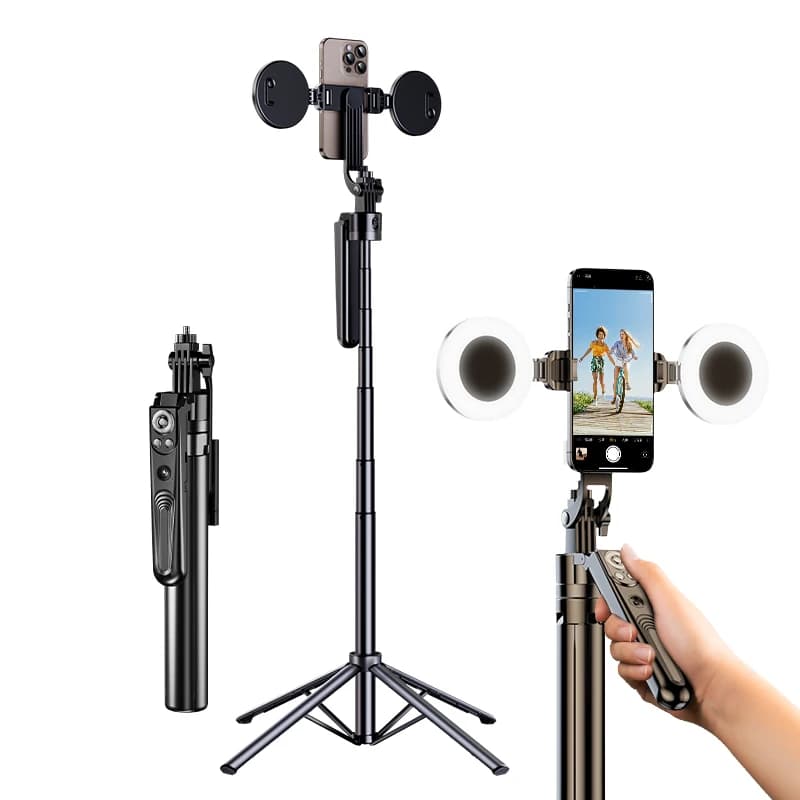 Treppiede professionale per selfie all'ingrosso in fabbrica con tracciamento facciale a 360 gradi per uso esterno con due luci di riempimento