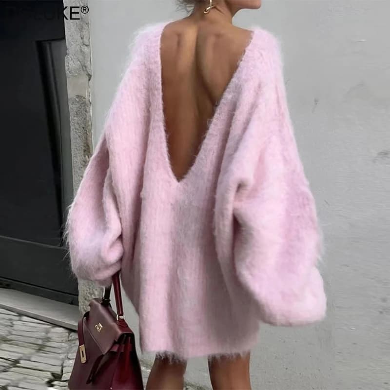 DGLUKE Maglione oversize in mohair rosa per donna Manica lunga senza schienale Soffici maglioni accoglienti Pullover Autunno Inverno Maglieria per feste