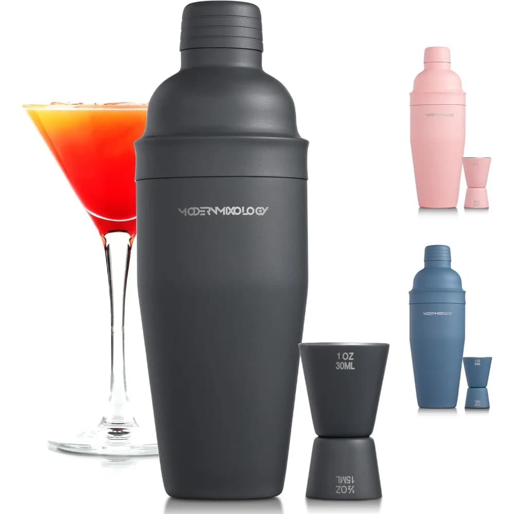 24oz Matte Dark Grey Cocktail Shaker Set – Bartender Essentials with Built-In Strainer, Cap, Jigger for Martini, Margarita, Luxury Drink Mixer Kit for Bar, Gift for Men and Women