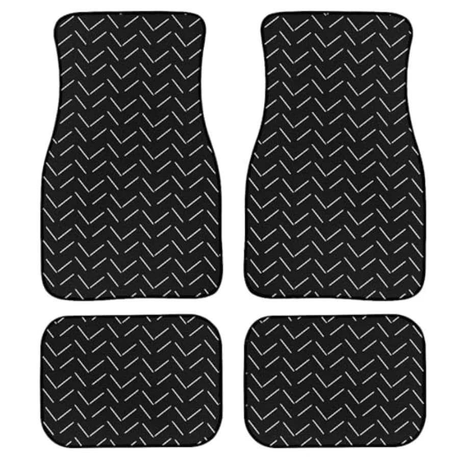 Tappetini per Auto con Motivi Geometrici Astratti, Design Vintage in Bianco e Nero a Spina di Pesce, Tappetini Monocromatici per Auto Universali