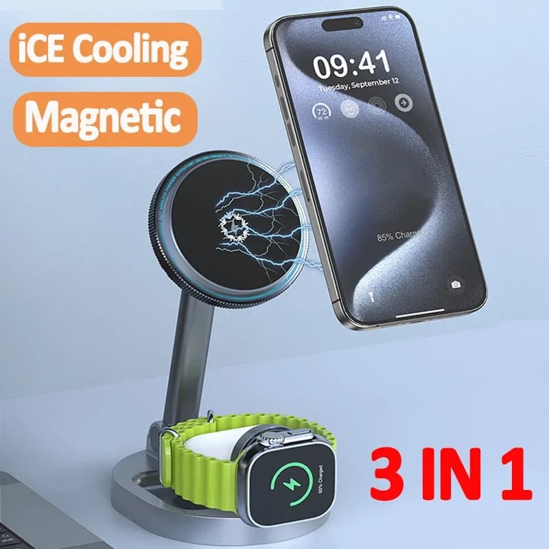 Ice Cooling 3 In 1 Support for Magnetic Wireless Charger Foldable Quick Charging Dock for iPhone 15 14 13 12 Pro iWatch 8 7 Airpods