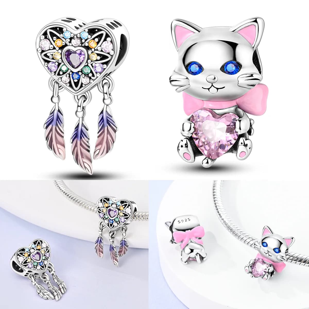 925 Sterling Silver Heart Dream Catcher Charms Bead CZ Zircon Pink Kitten Dangle Fit Original Bracelet DIY Women Jewelry Gift