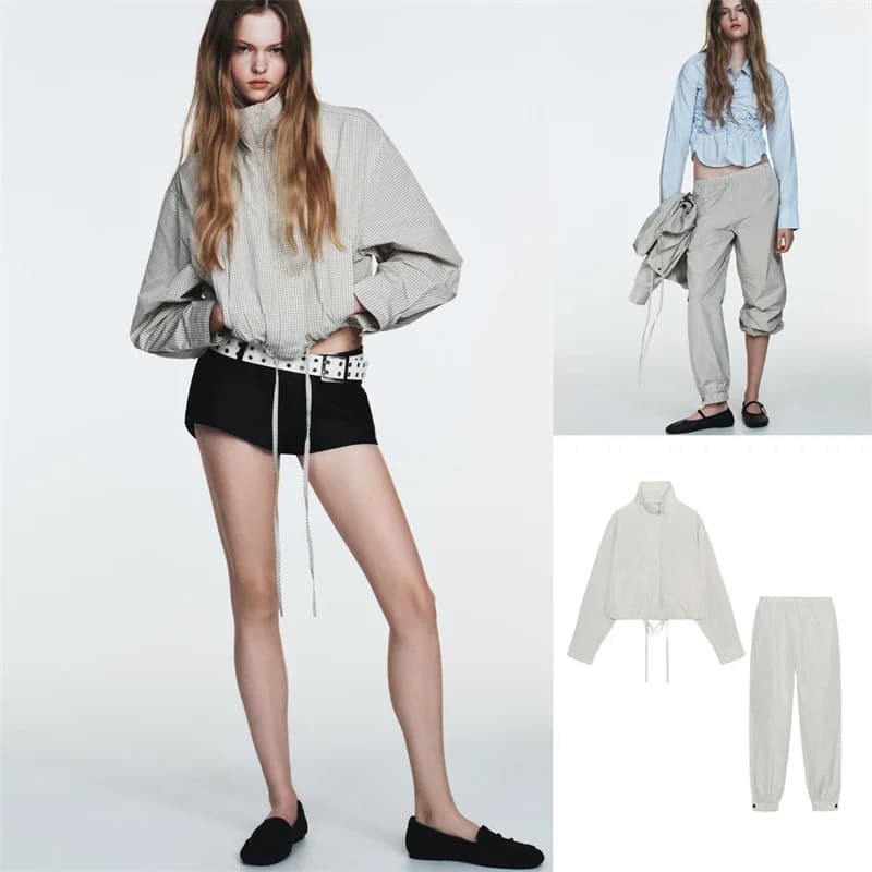 Spring Summer Long Sleeve Stand Collar Plaid Nylon Jacket Women's Loose Waist Lantern Pants Casual Style Slim Fit Short Coat