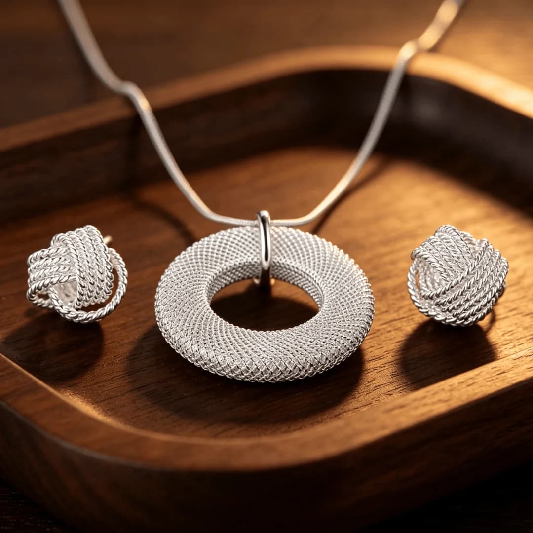 Charms Jewelry Sets 925 Sterling Silver Gorgeous Woven Mesh Necklace Earrings Stud for Women Fashion Christmas Gifts