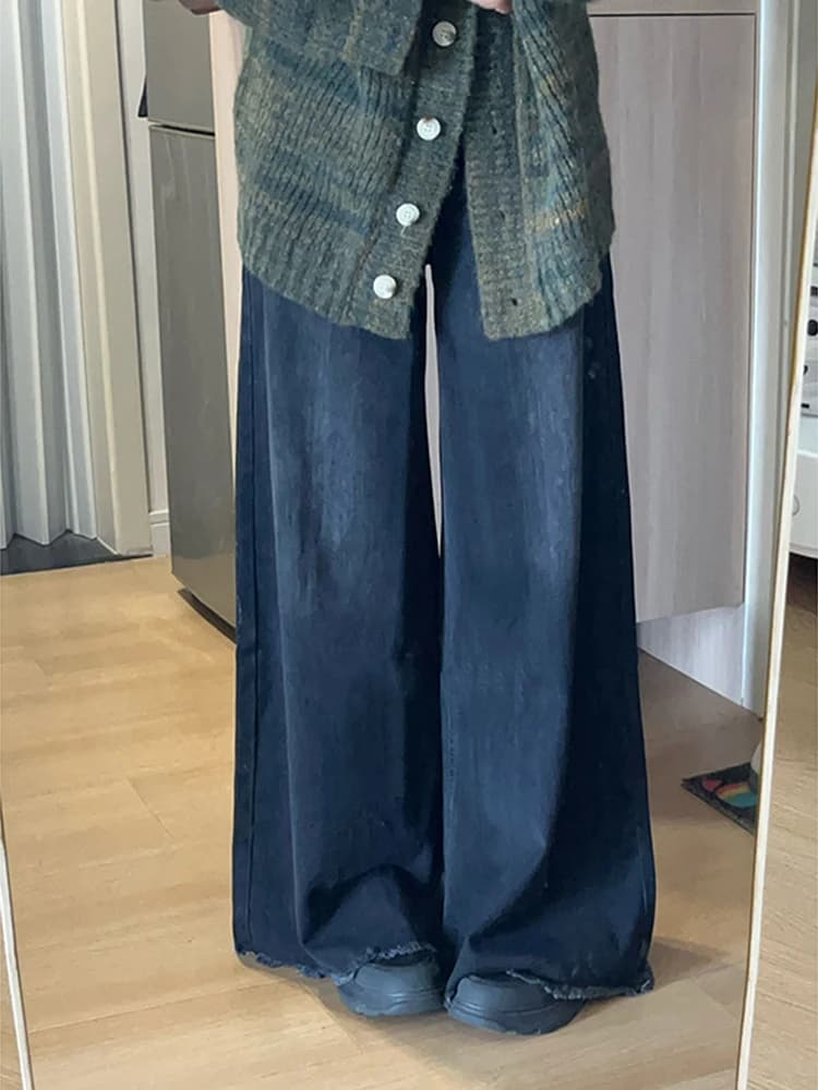 Jeans Neri da Donna Taglie Forti a Gamba Larga, Pantaloni Svasati a Vita Alta per Autunno Inverno, Modello Slimming a Tubo Dritto per Silhouette a Pera